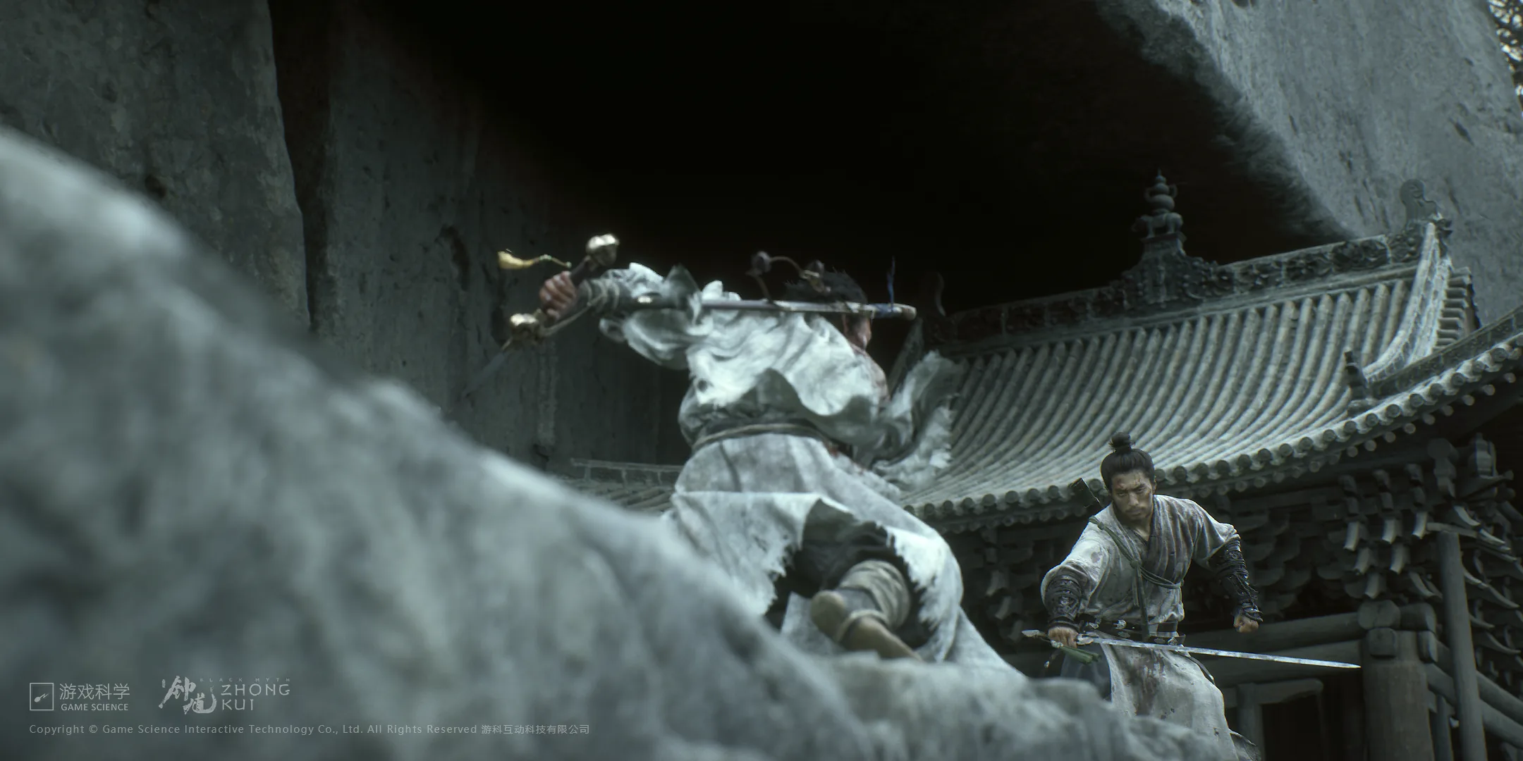 Official gameplay cover with two swordsmen near traditional architecture