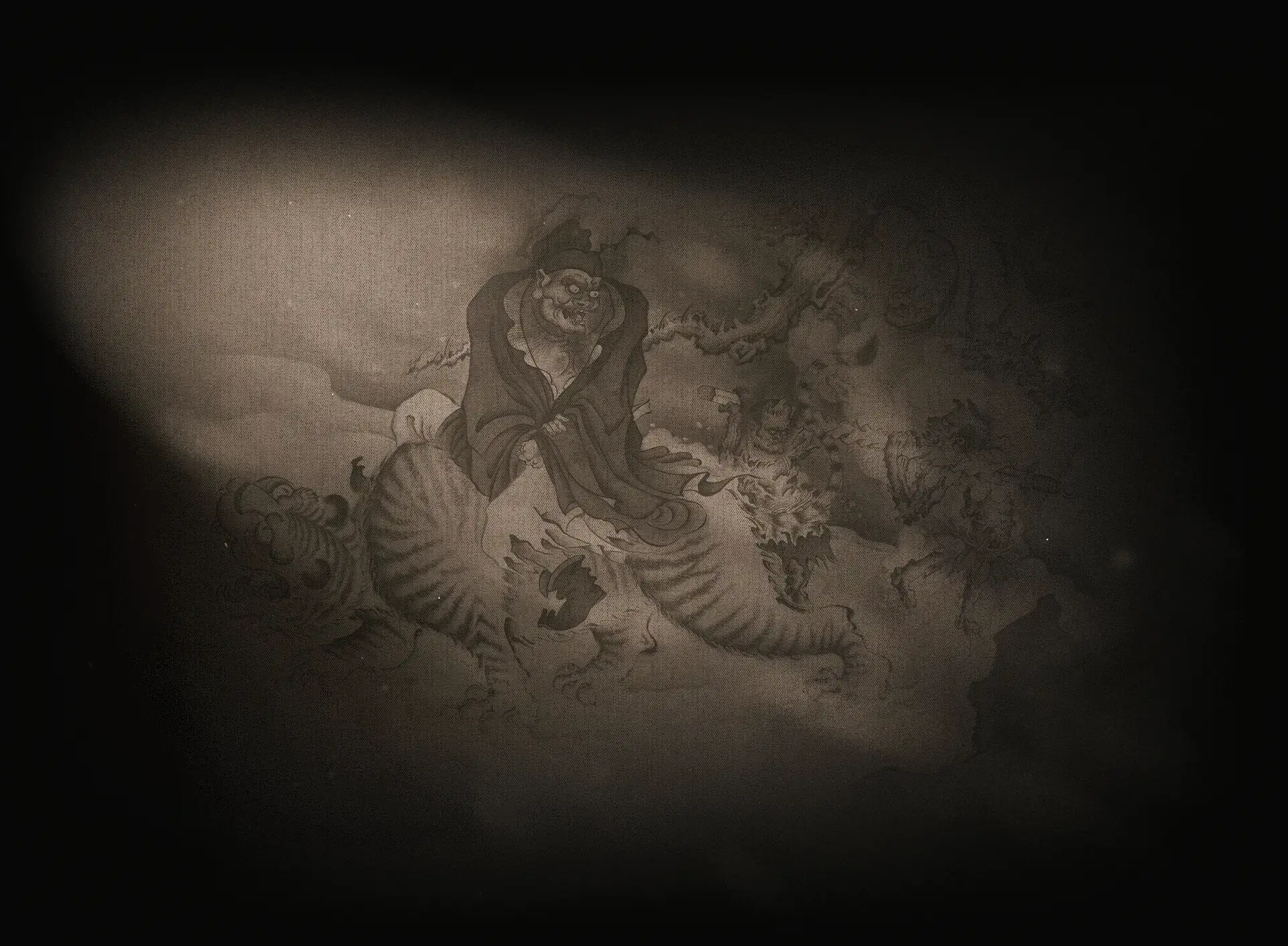 Ink-style official artwork of a stern figure riding a tiger with small attendants behind