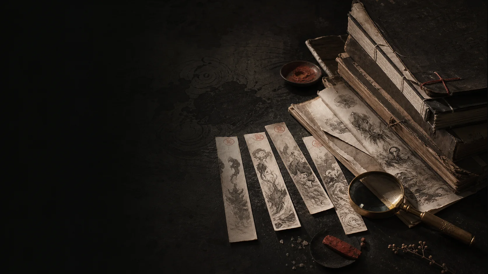 Editorial still life of archival books, evidence strips, and a magnifying lens
