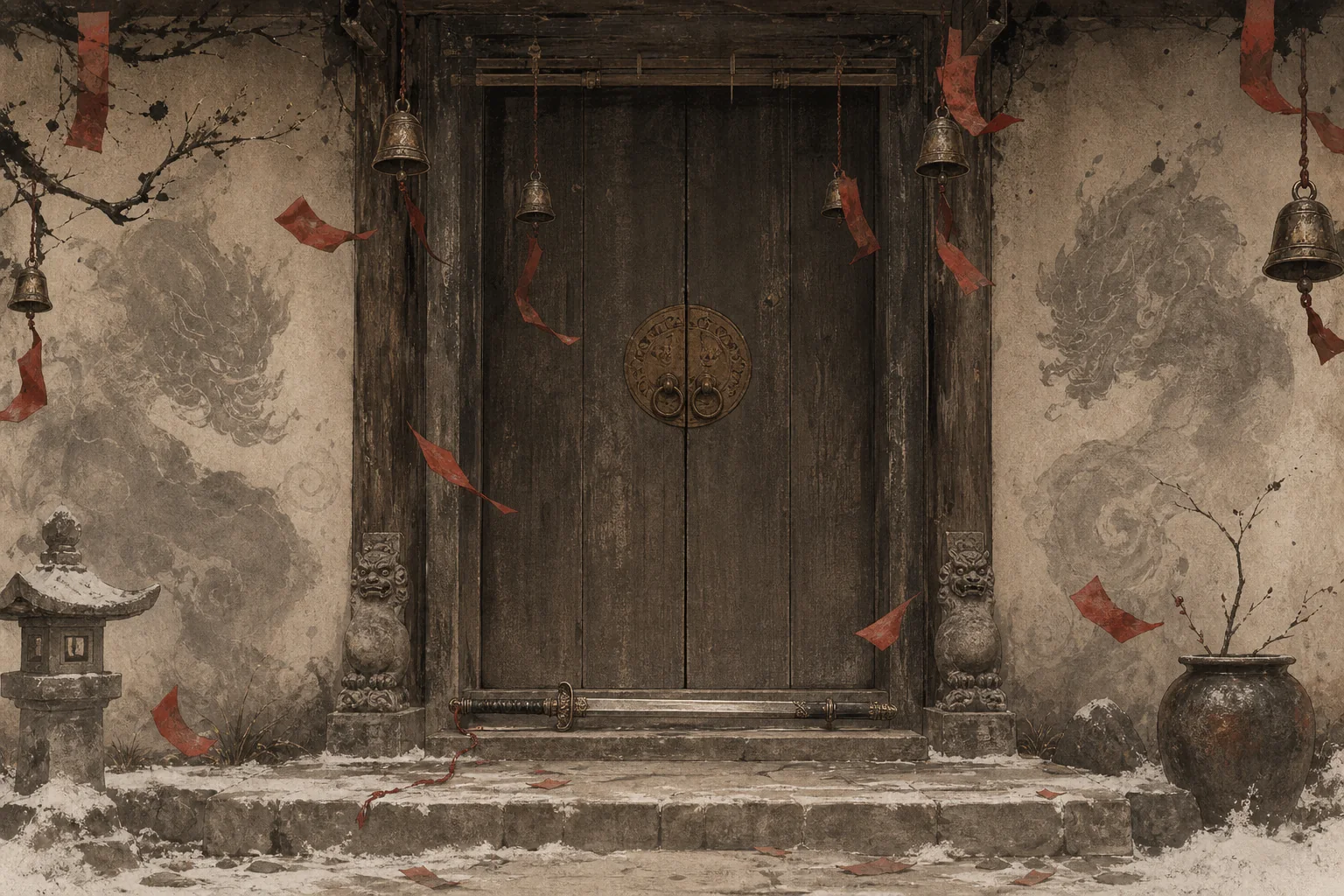 Editorial illustration of closed wooden guardian doors, bells, and a ceremonial sword