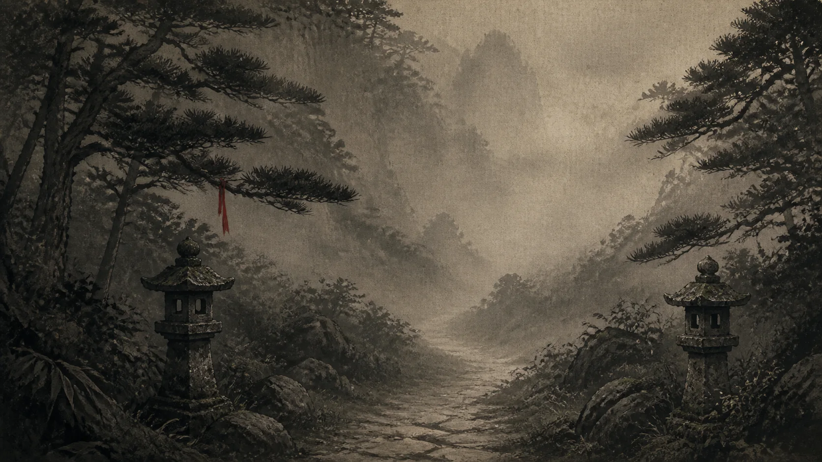 Editorial mist-covered mountain road with no destination visible